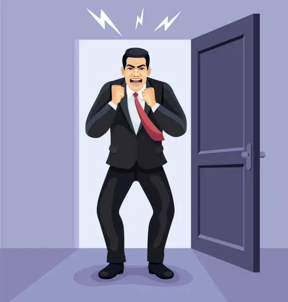 Vector illustration of A businessman breaks a door angrily.