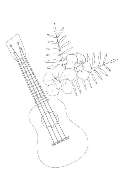 Vector illustration of Black-and-white line drawing illustration of flower and ukulele in Hawaiian style