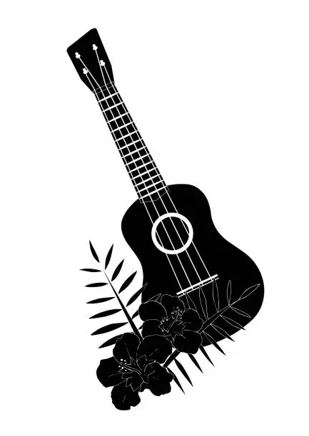 Vector illustration of Black and white silhouette illustration of a flower and ukulele.