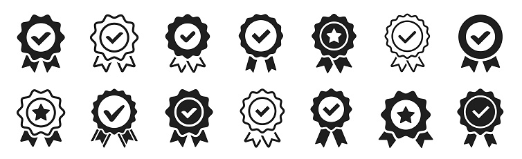 Approval check big icon set. Verified, certified, medal, correct mark, award ribbon, badge, quality certify sign - stock vector
