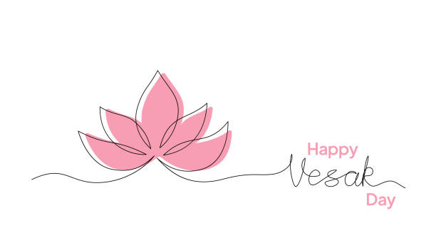 illustrazioni stock, clip art, cartoni animati e icone di tendenza di illustrazione vettoriale di un disegno a una linea di loto e testo scritto a mano vesak. cartolina di auguri buon vesak day - vesak