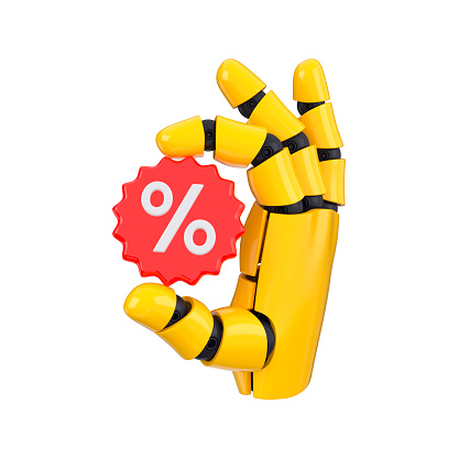 Yellow bot hand show discount emblem. Isolated AI or automated concept. 3d rendering