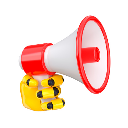 Yellow bot hand hold megaphone. Isolated AI or automated writing concept. 3d rendering