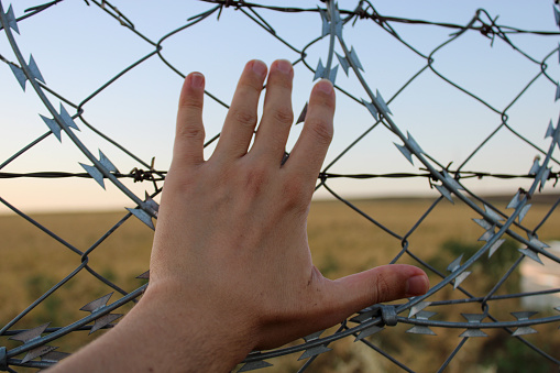 A male hand holding the fence. refugee or prisoner male. representative of freedom and captivity.