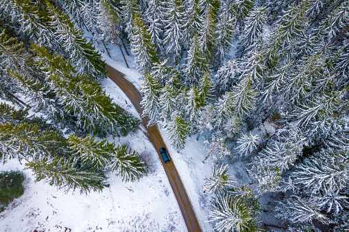 Aerial view of a black car driving on a mountain road through a snowy pine forest.