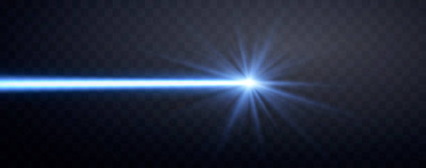 Blue horizontal laser beam. Neon line, presentation pointer. Blue glow flare light effect. Vector illustration. Isolated on dark transparent background. Blue horizontal laser beam. Neon line, presentation pointer. Blue glow flare light effect. Vector illustration. Isolated on dark transparent background. laser pen stock illustrations