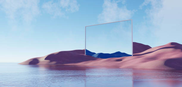 istock 3d Render, Abstract Surreal pastel landscape background with architecture and geometric, beautiful gradient sky scene, lake with clam water, minimal concept. 2099402332