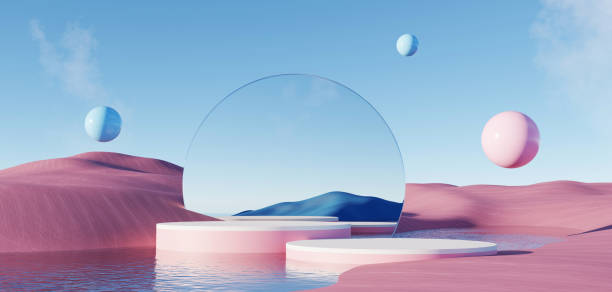 istock 3d Render, Abstract Surreal pastel landscape background with architecture and geometric, beautiful gradient sky scene, lake with clam water, minimal concept. 2099402333