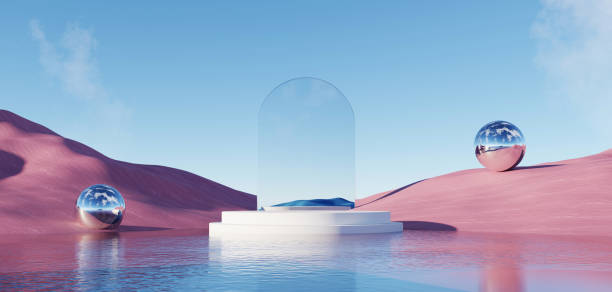 istock 3d Render, Abstract Surreal pastel landscape background with architecture and geometric, beautiful gradient sky scene, lake with clam water, minimal concept. 2099402334