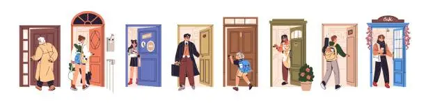 Vector illustration of People open, close doors set. Entrances to room, cafe. Woman comes home, man goes to work, child enters to house. Characters exit, leaving, enter apartment. Flat isolated vector illustration on white