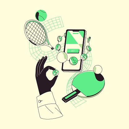 Gambling people bet on sports online, play games of chance. Person wagering on tennis, ping pong. Winner's hand with coins, rackets. Bookmaker service in mobile app. Flat isolated vector illustration.