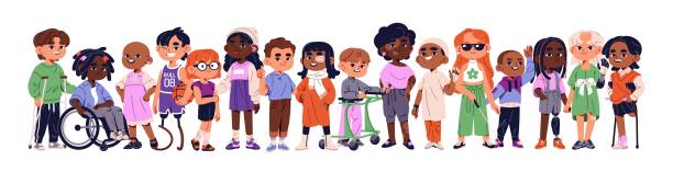 Diverse inclusive children banner. Cute disabled kids with cancer, amputated limbs, blindness. Girls and boys with bionic prosthesis, wheelchair, crutches. Flat isolated vector illustration on white Diverse inclusive children banner. Cute disabled kids with cancer, amputated limbs, blindness. Girls and boys with bionic prosthesis, wheelchair, crutches. Flat isolated vector illustration on white. assistive technology stock illustrations