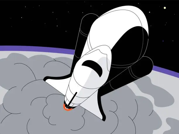 Vector illustration of Rocket launch in the outer space. Spaceship lifts in cosmos. Shuttle starts in mission to discover galaxy, universes. Spacecraft in galactic travel, interstellar journey. Flat vector illustration