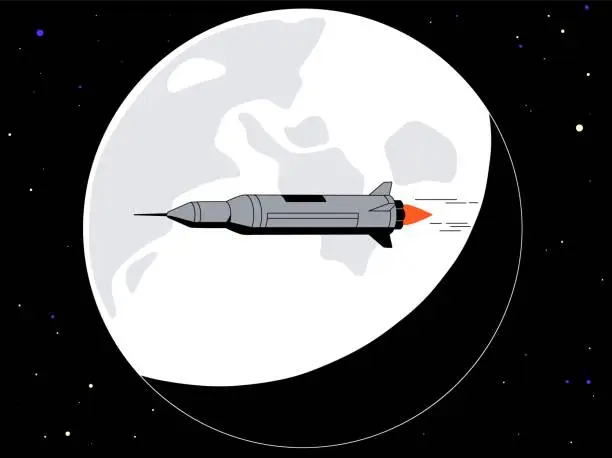 Vector illustration of Spaceship flies on the background of the moon. Spacecraft launched in outer space. Rocket in universe travel. Shuttle flying black cosmos, discovers galaxies, explores stars. Flat vector illustration