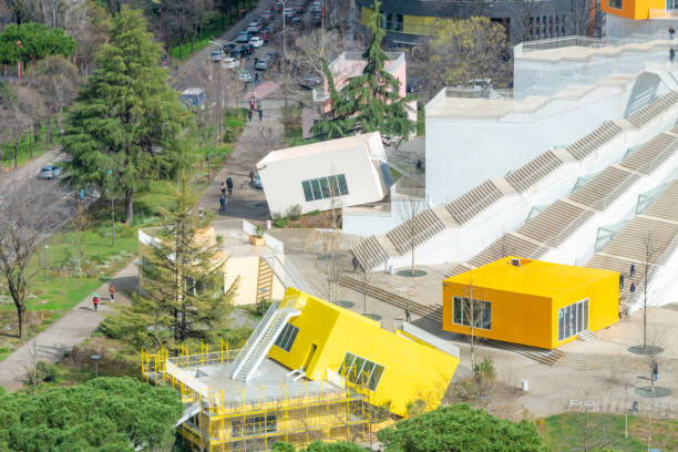 Tirana, Albania. 12 March 2024. Cube retail units at the Pyramid of Tirana.