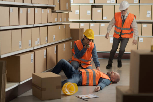 istock Injured man at the warehouse: the workers are calling emergency services 2099437615