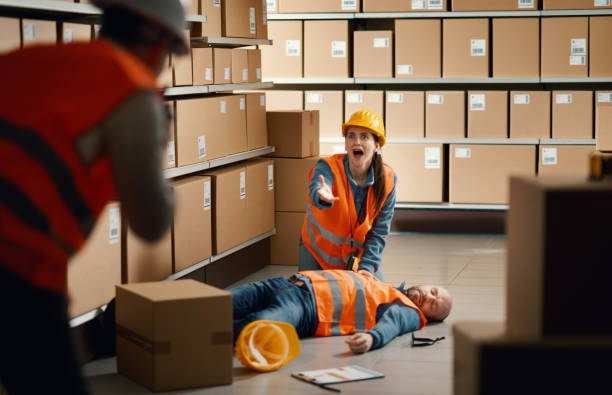 Unconscious injured worker lying on the floor