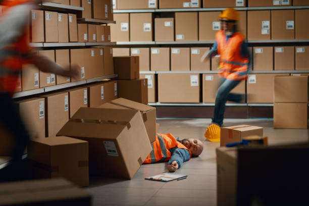 istock Unconscious injured worker lying on the floor 2099456525