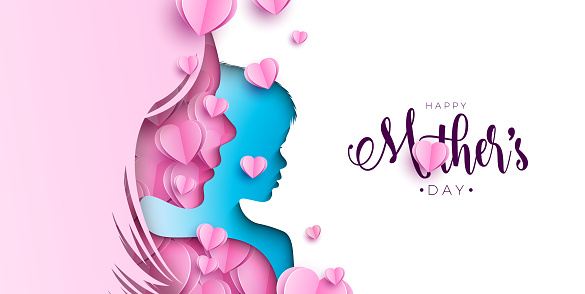 Happy Mother's Day Greeting Card Design with Paper Hearts in Woman Face and Child Silhouette on White Background. Vector Mothers Day Illustration for Banner, Postcard, Flyer, Invitation, Brochure, Poster