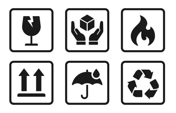 Vector illustration of Packing symbol set. Fragile, handle with care, flammable, upward, keep dry, recycled simple signs - stock vector.