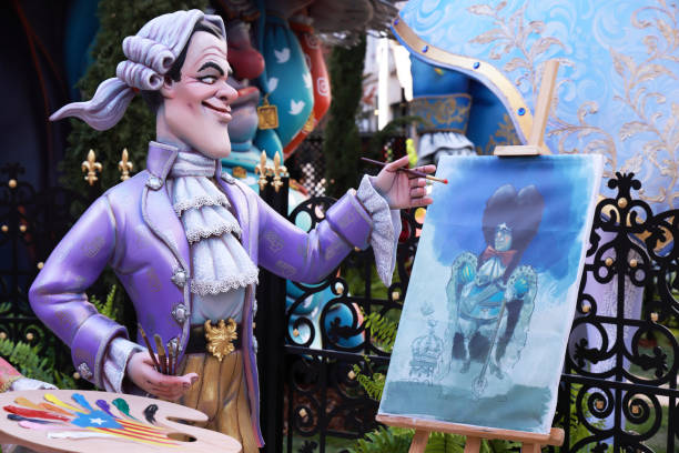 Valencia, Spain, March 17 2024 - Las Fallas Festival Wood and Papier Mache Sculptures and Monuments in the street which on 19 March are burnt to celebrate St Joseph