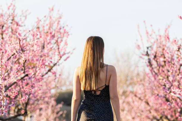 istock Woman walking among the peach trees 2099482950