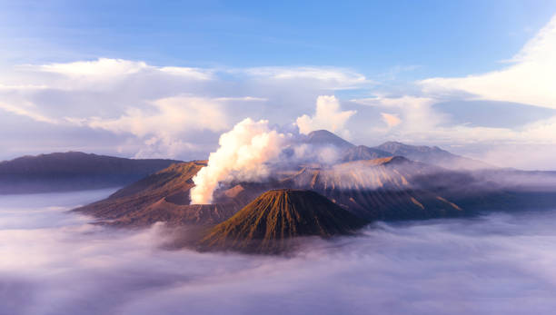 istock Active volcano Bromo erupting smoke, aerial view 2099490765