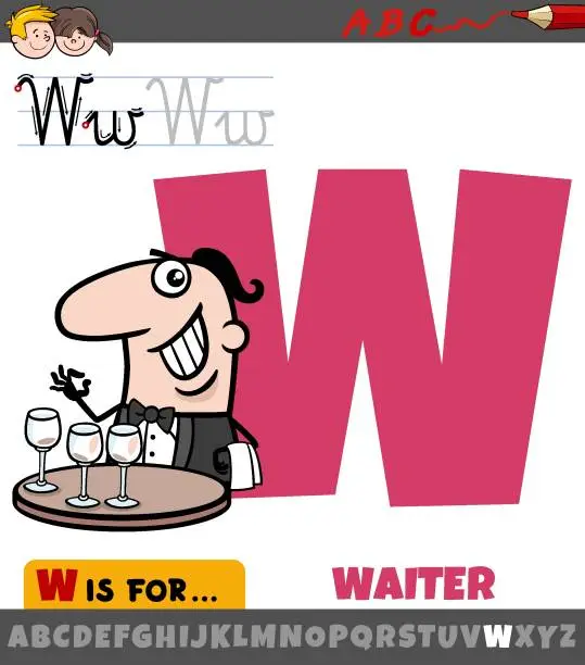 Vector illustration of letter W from alphabet with cartoon waiter character