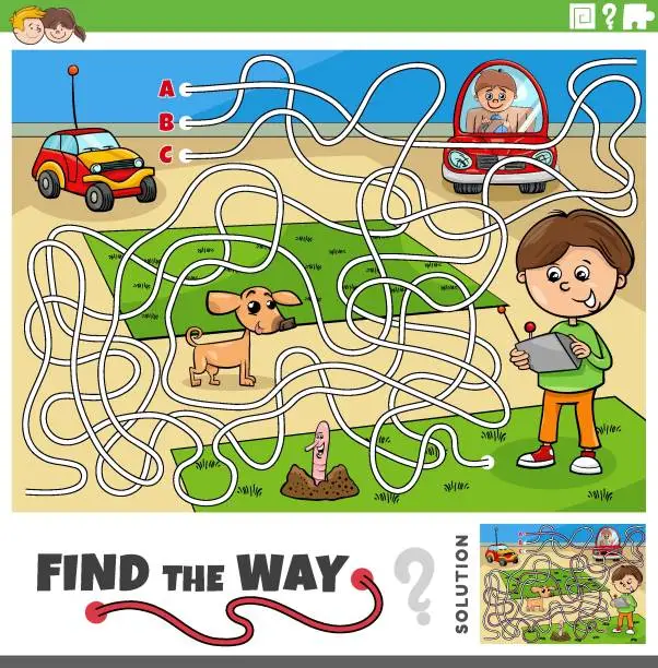 Vector illustration of maze game with cartoon boy and remote control toy car