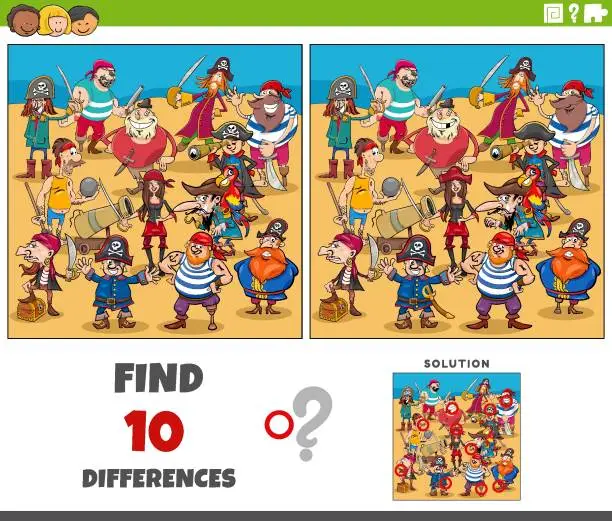 Vector illustration of differences game with cartoon pirates characters group