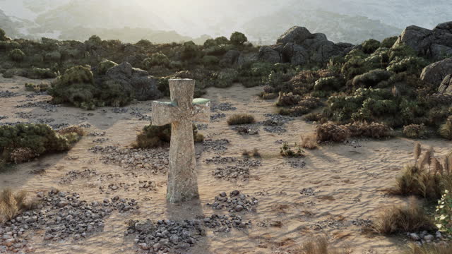A solitary cross standing tall in the middle of a barren desert landscape