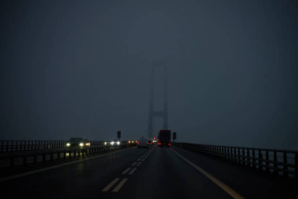 Great Belt Bridge in Denmark overcast day at dusk. Bridge between Zealand and Funen