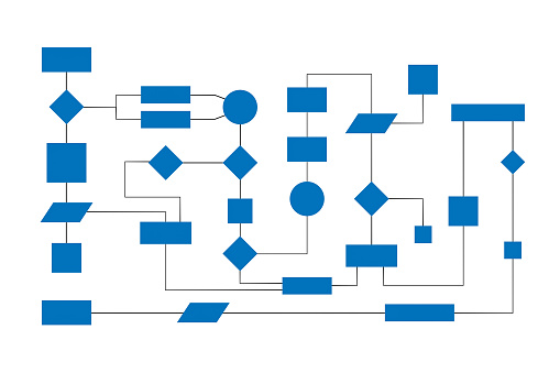 Blue flow chart to visualize a concept, industrial process or strategy. Workflow, operation, planning, organization, sequence and development.