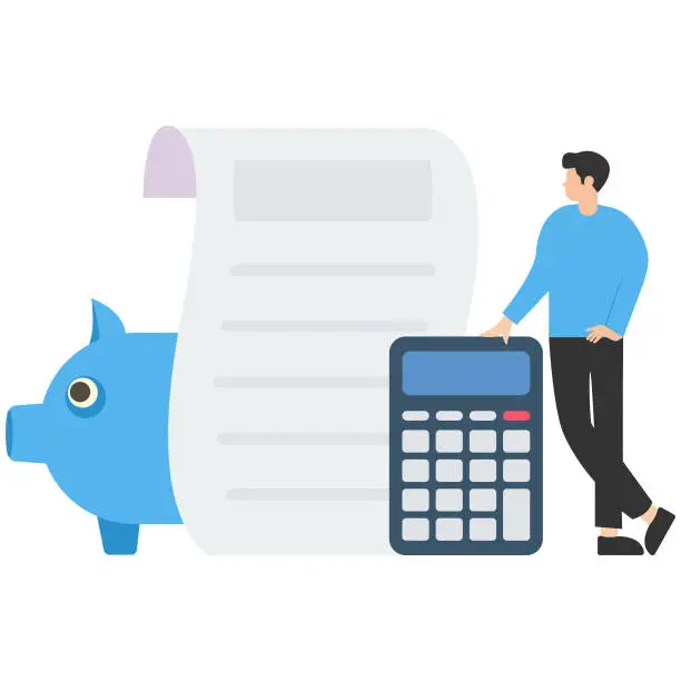 Vector illustration of Income tax filing and calculating revenue and filling tax form, Expert complete checklist for all reduction, Refund and checking payment, Businessman completed tax filing form with calculator