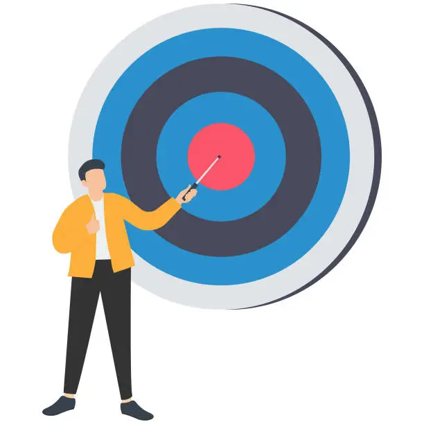 Vector illustration of Specific goal and clarify objective or target, Focus or concentrate on purpose to win business mission, Perfection or aiming at target, Businessman pointing at center of target