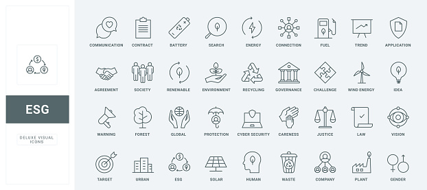 ESG thin black and red line icons set vector illustration. Outline symbols of sustainable and renewable sources, social, government and corporate trends and criteria for development, investment