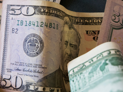 Portrait of President Ulysses S. Grant on a 50 dollar bill. American paper money close-up.