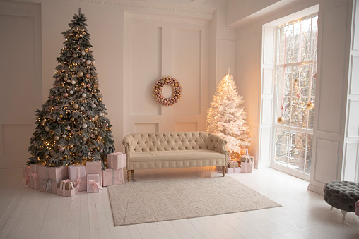 Decorated Christmas tree in the living room with a sofa and large windows