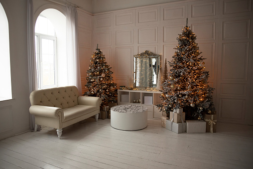 Two Christmas trees with gifts in a bright room with a sofa