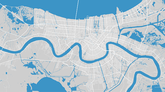 Mississippi river map, New Orleans city, USA. Watercourse, water flow, blue on grey background road street map. Detailed silhouette vector illustration.