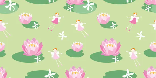 Vector illustration of Elves girls cartoon cheerful funny, flying dragonflies on green blooming pond, pink water lilies, seamless pattern, vector background,wallpaper,paper