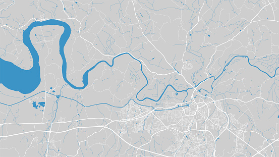 Severn river map, Gloucester city, Wales, England. Watercourse, water flow, blue on grey background road map. Vector illustration, detailed silhouette.