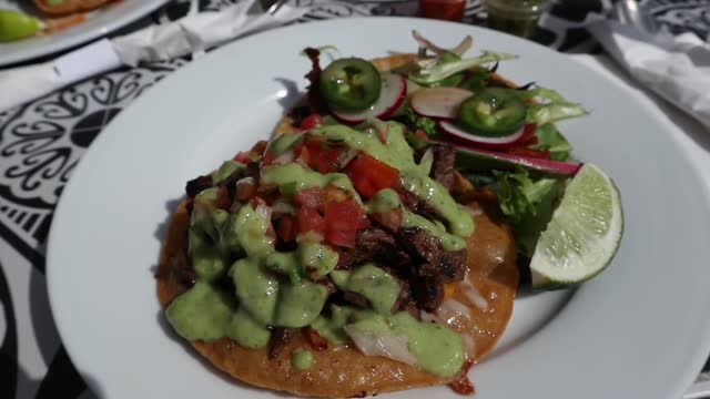 carne asada vampiro tostada and fish taco on a plate at a mexican restaurant (green avocado sauce, lime, white plate) garnished with radishes, jalapeno peppers, pico de gallo, tomatos onions cilantro