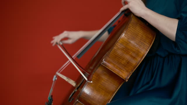 Young beautiful woman playing a melody on cello