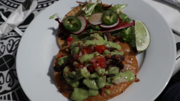 carne asada vampiro tostada and fish taco on a plate at a mexican restaurant (green avocado sauce, lime, white plate) garnished with radishes, jalapeno peppers, pico de gallo, tomatos onions cilantro