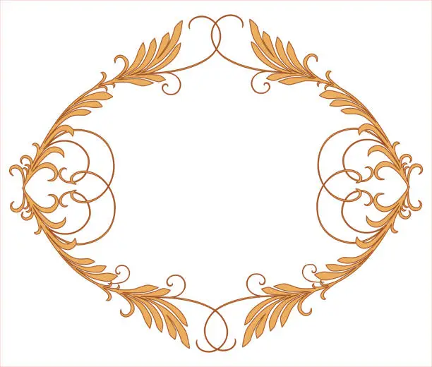 Vector illustration of Frame oval decorative floral vintage leaves tendrils gold, greeting card, invitation anniversaire, wedding, isolated on white, vector