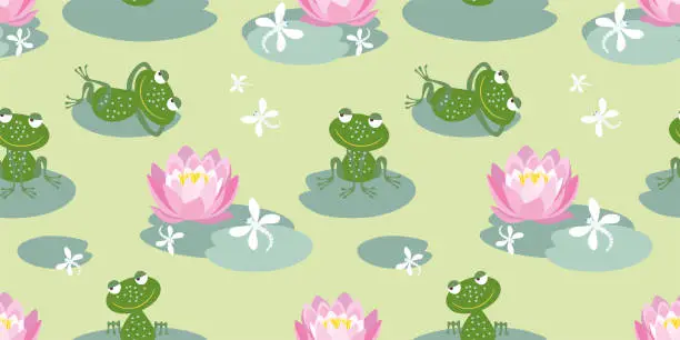 Vector illustration of Frogs cartoon cheerful funny, flying dragonflies on green blooming pond, pink water lilies, seamless pattern, vector background,wallpaper,paper