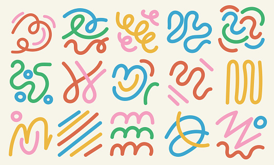 Set of abstract playful curve and squiggle. Childish background with retro wavy stripes. Fun colorful line doodle.
