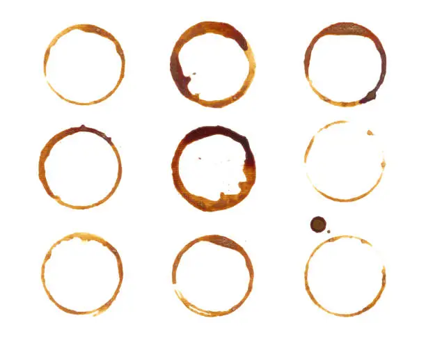 Vector illustration of coffee mug stains set. Splashes of cups, mugs and drops.