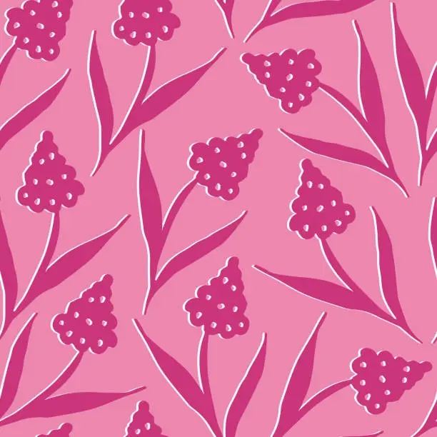 Vector illustration of Simple floral design. Silhouettes of blooming pink flowers in vintage style
